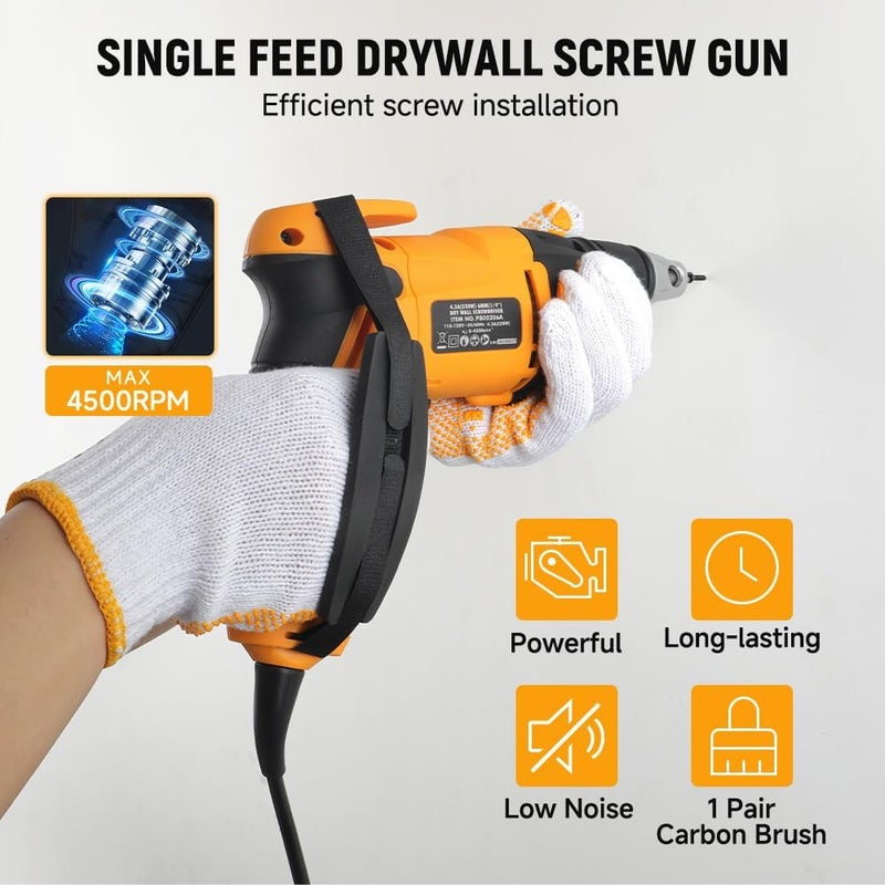 HOTECHE 4.5-Amp Drywall Screw Gun, Electric Screwdriver with Variable Speed 0-4500 RPM, 1/4" Chuck, Forward & Reverse Switch - Image 3